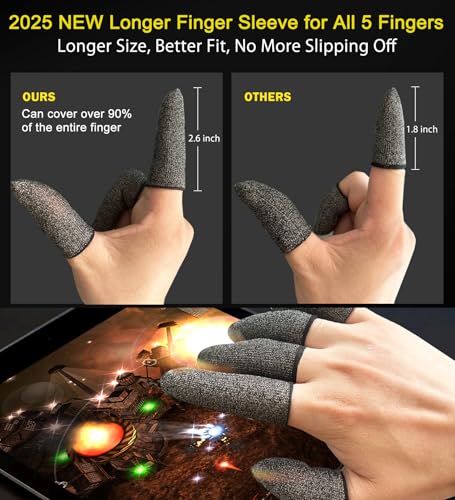 Silver Fiber Professional Finger Sleeves Gloves for Mobile Gaming | Longer Size,No More Slipping, Maximum Touch Sensitivity, Anti-Sweat, Fits All Touchscreen Devices, 10 Pack