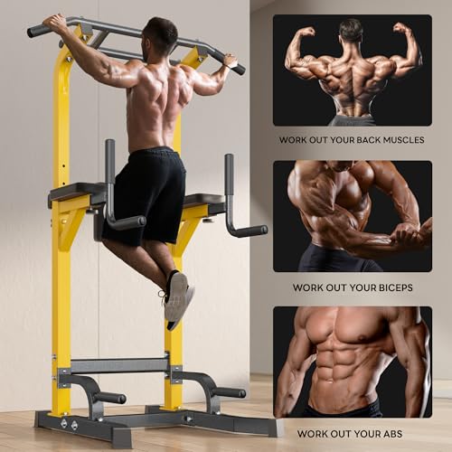 SogesPower Power Tower Pull Up Bar Station Multi-Function Dip Station | Adjustable Height Pull Up Dip Station Dip Bar Strength Training Fitness Equipment,Up to 500LBS - color: Yellow