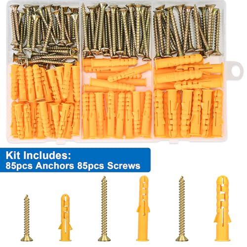 Aovchei 170pcs Drywall Anchors Kit, 85 Plastic Anchors and 85 Screws | 3 Size #6 * 30#6 * 40#8 * 40, Wall Hanging Kit for Hanging Picture Frame, Shelf Brackets, Curtain Rod - size: #6*30 #6*40 #8*40