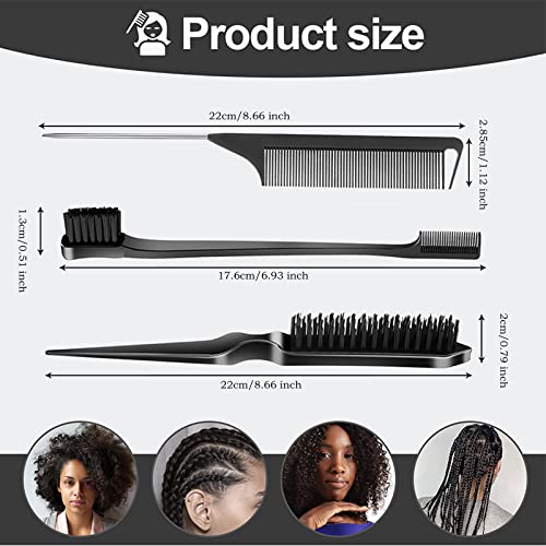 SWEET VIEW 3Pcs Slick Back Hair Brush | Rat Tail Comb, Edge | Bristle Brush, Sleek Ponytail/Bun Smoothing Baby Hair & Flyaways - color: Black