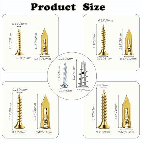 380pcs Self Drilling Drywall Anchors with Screws, 5 Different Sizes Zinc Plated Steel Self-Drilling Anchors Set, Easy Application No Drill or Holes in Wall