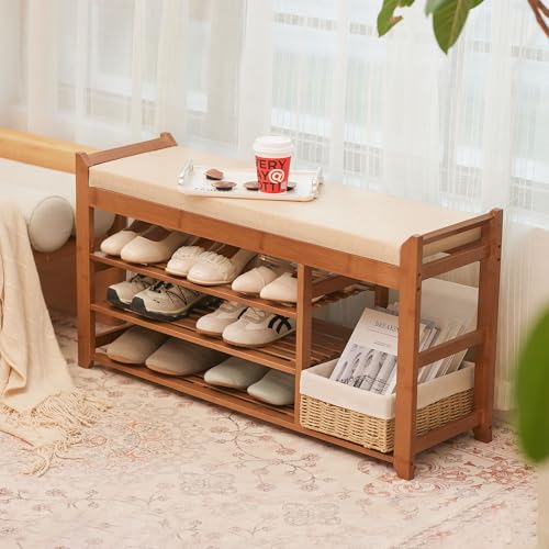 PETKABOO Hall Tree with Bench and Shoe Storage, Coat Rack Shoe Bench Set with Seat Cushion and 6 Hooks for Entryway, Hallway, Living Room and Bedroom - color: Brown, style: 39 in with hook