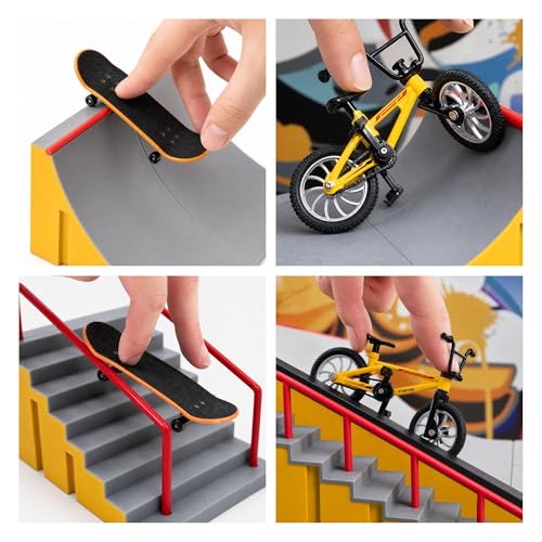 Finger Skateboard Park Kit for Kids, 14-in-1 Mini Skatepark Ramp Set with Half Pipe, 8 Finger Skateboards & Finger Bike, Ramp Accessories Toy Gifts for Boys Girls Ages 3+ - color: 14in1-yellow