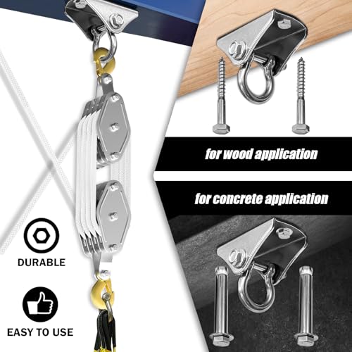 YATOINTO Rope Pulley Hoist 4400 LB, 8:1 Power Pulley Block and Tackle System, Pulley Block 65ft, Rope Hoist for Garage Warehouse Constructions with 1 Swing Hanger 2 Screws 2 Expansion Bolts - color: White, size: UPGRADED-4wheels+swing hanger