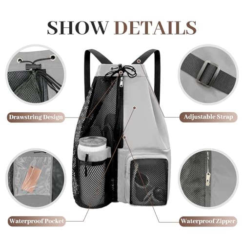 Beach Backpack with Wet Pocket Drawstring Mesh Beach Bag Waterproof Swimming Pool Backpack for Men and Women - color: Grey