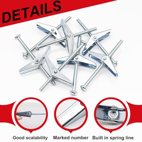 48Pcs 1/4 Inch Toggle Bolts, Butterfly Anchors Heavy Duty Drywall Anchors and Screws Kit, Toggle Bolts and Wing Nut Kit with Nuts Washers for Hollow Wall, Ceiling (12 Sets) - color: Silver - 1/4"