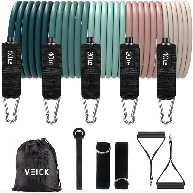 VEICK 10-150LBS Resistance Bands with Handles, Ankle Straps, Door Anchor | Accredited Lab Certified, 100% Natural Latex, Versatile for Yoga, Pilates, Strength, Home Gym - color: Macaron, style: 10-150LBS