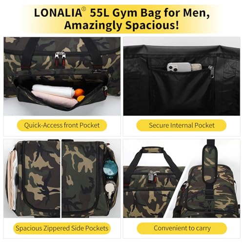 55L Sports Duffle Bag for Men, 22 inch, Camo | Multi Pockets, Water Resistant, Weekend Travel, Workout, Fitness - color: Camo