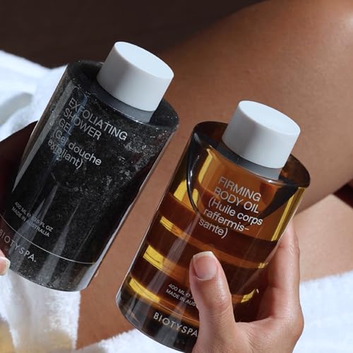 biotyspa Spa Essentials - Exfoliating Shower Gel & Firming Body Oil with Coffee Extract & Jojoba - Tones, Renews & Smooths Skin - Organic, Vegan, Made in Australia - 2pc Set, 400ml Each - size: Spa Essentials