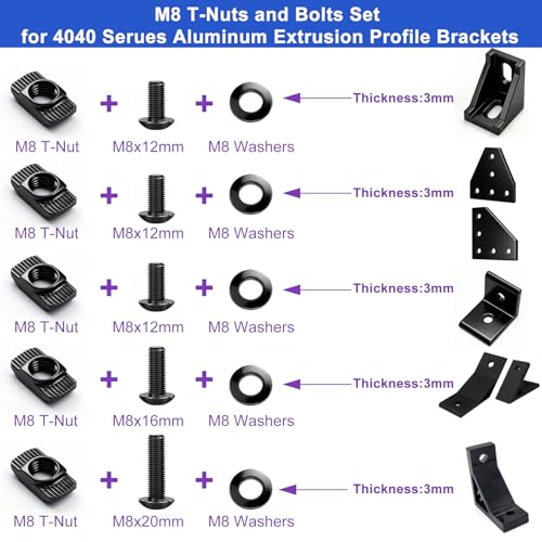 Taiss 80PCS M8 T-Nuts Screws Kit for 4040 4080 Series Aluminum Extrusion Black Carbon Steel M8x12/16/20mm Button Head Socket Cap Head Bolts and Drop in T-Nuts & Washers with Hex Wrench - size: 80PCS M8 T-Nuts Screw Kit
