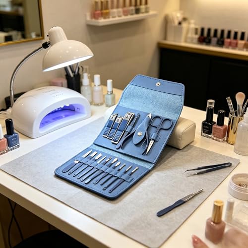 Luxury 16-in-1 Professional Manicure Set - Premium Stainless Steel Nail Clippers & Grooming Kit with Elegant Leather Travel Case - Blue - color: Blue, size: 16PCS