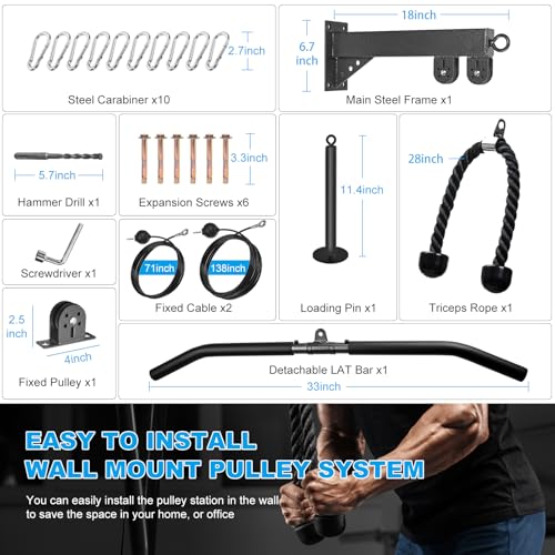 Wall Mounted Pulley System, Low Cable Machine Pulley System for LAT Pulldown, Biceps Curl Home Gym Equipment with Fitness Pull Down Bar, Tricep Rope - style: Wall Mounted Pulley System