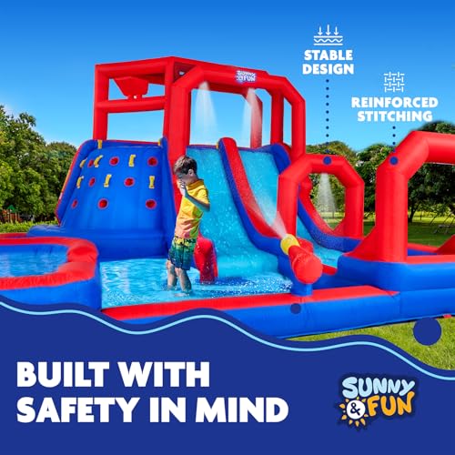 SUNNY & FUN Mega Climb N’ Go Inflatable Water Slide Park with Two Slides | Heavy-Duty Oxford Blow-Up Water Park for Kids Backyard with Deep Splash Pool, Air Blower & Carry Bag | Easy Setup & Drainage