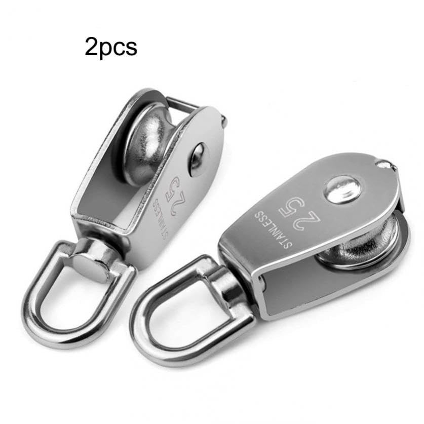2Pcs M25 Single Pulley Block 304 Stainless Steel Swivel Cable Pulleys Wheel for Lifting/Hanging Pulley System, Heavy Duty Rope Single Wheel Kit, Max-Load 150kg/330lbs