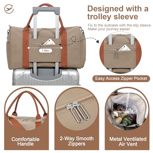 FIORETTO Womens Gym Tote Duffle Weekender Bag with Wet Pocket & Shoe Compartment, Ideal for Travel, Swimming, Dance, Khaki - color: Khaki, style: Gym Bag
