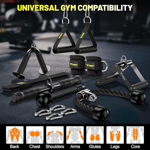 Cable Attachments for Gym, LAT Pulldown & Cable Machine Attachment Set: V-Shaped Bar, Rotating Straight Bar, V Rotation Handle, Nylon Tricep Rope, Ankle Straps & Handles, Home Gym - size: Short Bar Set