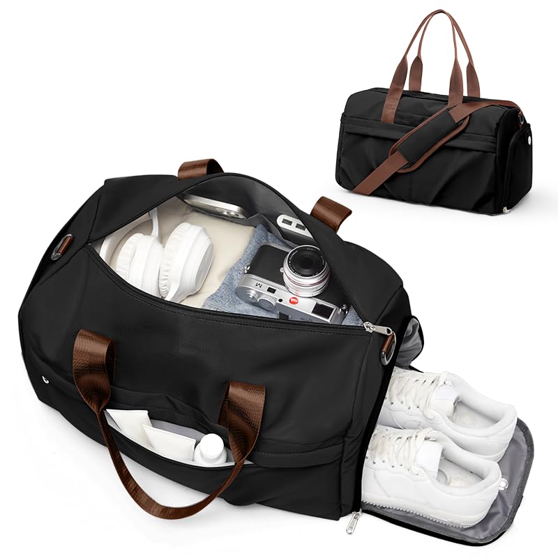 Gym Bag for Women Men with Shoe Compartment, Sport Duffel Bag, Waterproof Travel Weekender Overnight Carry on Bag for Yoga with Trolley Sleeve, Black Brown - color: A10-Black Brown
