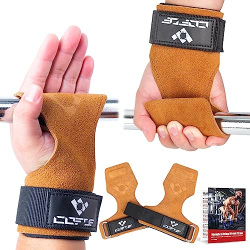 COFOF Weight Lifting Wrist Strap, Double Layer Leather Wrist Strap for Deadlift and Powerlifting, Adjustable Neoprene Padded Gym Workout Lifting Hooks (Pair) - color: Brown