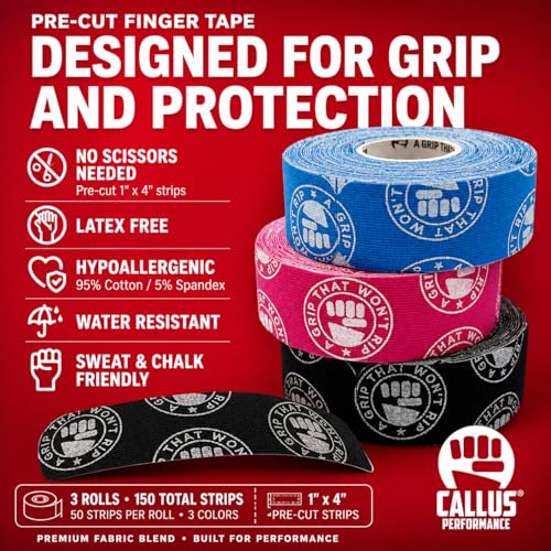 Pre-Cut Finger Tape (1x4") – Slim Hook Grip Tape for Weightlifting, Gymnastics & Rock Climbing – Flexible, Sweat-Proof & No-Residue Adhesive – 3-Pack, 150 Strips Total - style: Finger Tape