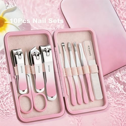 Manicure Set, 10 pcs High-Carbon Steel Nail Clippers Set, Portable Mini Manicure and Pedicure Kit, Travel Grooming Nail Kit with Leather Bag for Men and Women - color: RosePink