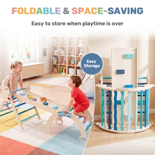 DUMOS 9-in-1 Pikler Triangle Set for Toddlers, Foldable Montessori Climbing Toys Indoor, Wooden Jungle Gym with Arch Rocker, Reversible Ramp, Ladder, Toy Cars and Blocks, Navy Blue - color: Navy Blue
