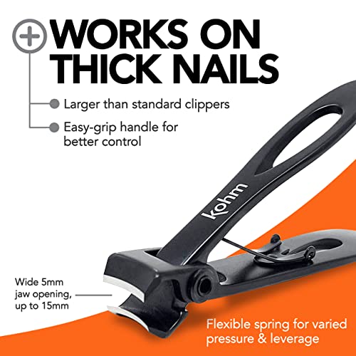 KOHM Nail Clippers for Thick Nails - Heavy Duty, Sharp Wide Mouth Professional Fingernail and Toenail Clippers for Men, Women & Seniors, Black - color: Curved-black