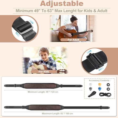 Guitar Bass Strap, Embroidered Electric Guitar Strap, Double Adjustable Buckle, Length Adjustable from 49" to 63", Equipped with 3" 3D Foam Padding, Suitable for Taller Guitarists, Smooth Brown. - color: Smooth Brown(49"-63")
