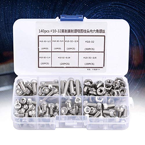 Garosa 140pcs Stainless Steel Hex Socket Head Bolts #10-32 Hex Screw Assortment Kit 6 Different Sizes with Storage Case