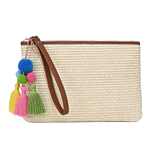 Luxury Straw Wristlet Pouch Beach Clutch Bag Small Summer Vacation Purse w. Colorful Pom Poms Tassels for Women - color: Beige