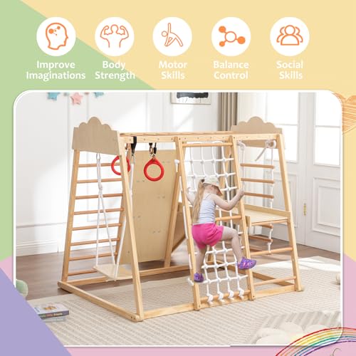8-in-1 Wooden Indoor Jungle Gym for Toddlers, Montessori Climbing Playset with Slide, Swing, Climbing Net, Rings, Monkey Bars – Indoor Playground for Kids Ages 3-8 - size: 8-in-1