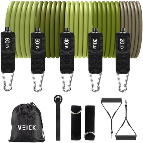 VEICK 10-150LBS Resistance Bands with Handles, Ankle Straps, Door Anchor | Accredited Lab Certified, 100% Natural Latex, Versatile for Yoga, Pilates, Strength, Home Gym - color: Army Green, style: 20-200LBS