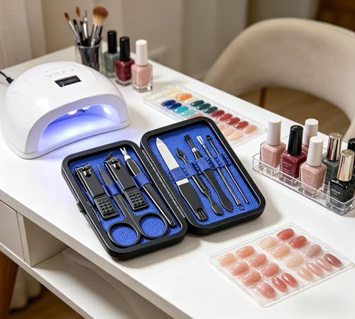 Luxury 9-in-1 Professional Manicure Set - Premium Stainless Steel Nail Clippers & Grooming Kit with Elegant Leather Travel Case for Ultimate Hand, Foot & Facial Care - Blue - color: Blue, size: 9PCS