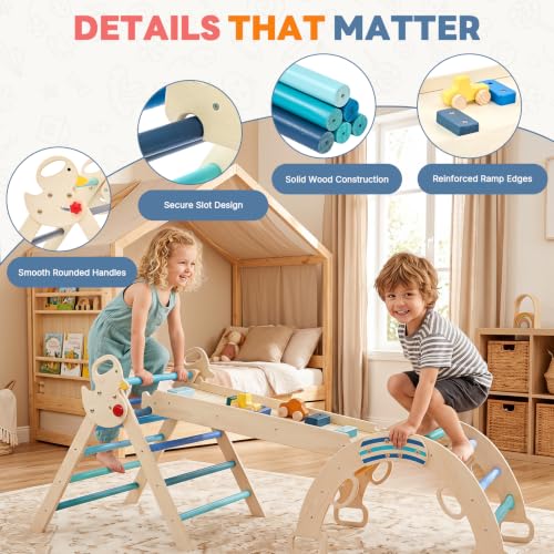 DUMOS 9-in-1 Pikler Triangle Set for Toddlers, Foldable Montessori Climbing Toys Indoor, Wooden Jungle Gym with Arch Rocker, Reversible Ramp, Ladder, Toy Cars and Blocks, Navy Blue - color: Navy Blue