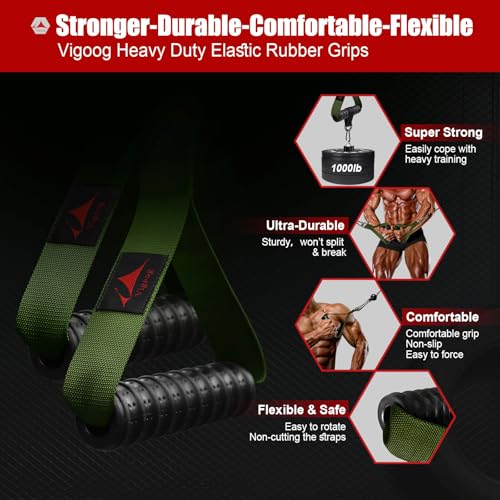 Heavy Duty Gym Exercise Handles Attachment for Cable Machine,Resistance Band,Pulley System Home Fitness Workout Equipment, with Elastic Rubber Grip and 2 Large Carabiners - color: Military Green
