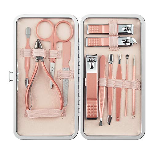 Manicure Set, 12 In 1 Stainless Steel Professional Pedicure Kit Nail Scissors Grooming Kit with Pink Leather Travel Case Pink - color: 12 in 1