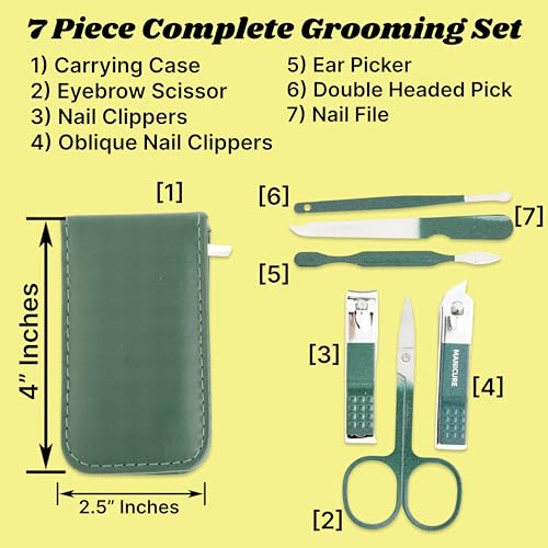 Portable Nail Clipper Set – 6-Piece Travel Manicure Kit for Men & Women – Includes Nail Clippers, Scissors, File & Grooming Tools in Compact Zip Pouch (Green) - color: Green