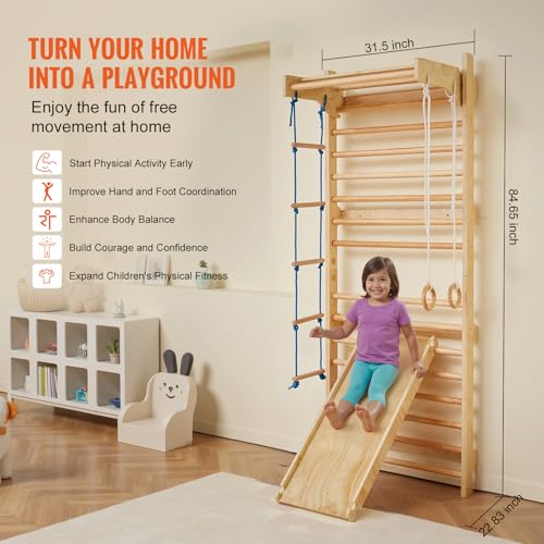VEVOR Swedish Wall Gym, 15-Level 5 in 1 Wooden Indoor Jungle Gym, 220 lbs Load Capacity Playground Climbing Toys with Pull-Up Bar, Gymnastic Rings, Wall Ladder, Rope Ladder, and Slide Board - style: 15-Level 5 in 1