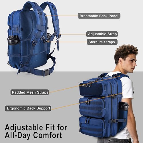 LHI Tactical Military Backpack for Men and Women 25L/35L Army Assault Pack Bag Small Rucksack with Bottle Holder - color: 50l-shoe Compartment(blue), size: Large