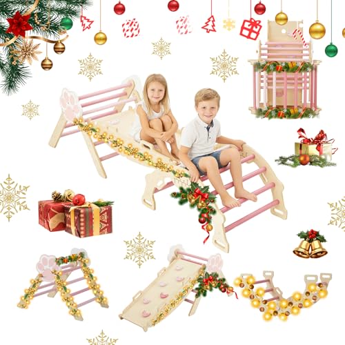 Takywep Pikler Triangle Set, 7-in-1 Foldable Pikler Triangle Climbing Toys Set with Arch & Ramp & Ladder, Indoor Playground Gym, Wooden Montessor Climbing Set for Kids Toddler - color: Pink-cat