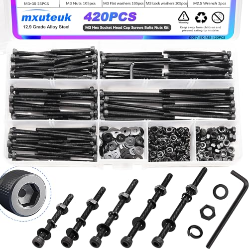 mxuteuk 420PCS M3 Screws,M3x30/35/40/45/50mm Hex Socket Head Cap Screws Bolts Nuts Kit,12.9 Grade Alloy Steel M3 Bolts with Hex Wrench - size: 420PCS M3 x 30/35/40/45/50mm, style: Hex Socket Head
