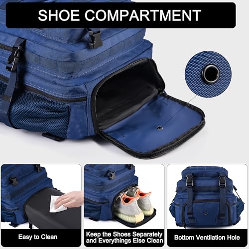 LHI Tactical Military Backpack for Men and Women 25L/35L Army Assault Pack Bag Small Rucksack with Bottle Holder - color: 50l-shoe Compartment(blue), size: Large