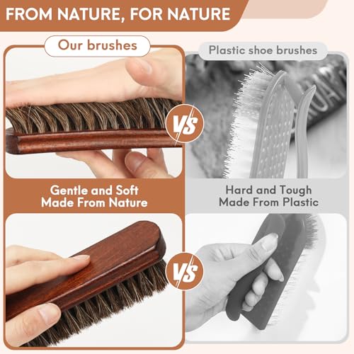 3pcs 100% Horse Hair Shoe Brush Kit Shoe Shine Kit Beech Wood Leather Care Set Suede Boot Cleaner Polish Applicator Dauber Buffing Cloth Soft Natural Bristles Men Gift Box for Boots Shoes Sneakers Car