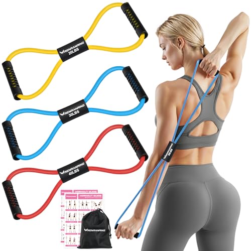 RENRANRING Figure 8 Fitness Resistance Bands with Handles - Exercise Tube Band Set of 3 for Arm and Shoulder Stretch, Rope 8 Word Elastic for Women and Men - color: Yellow, Blue, Red