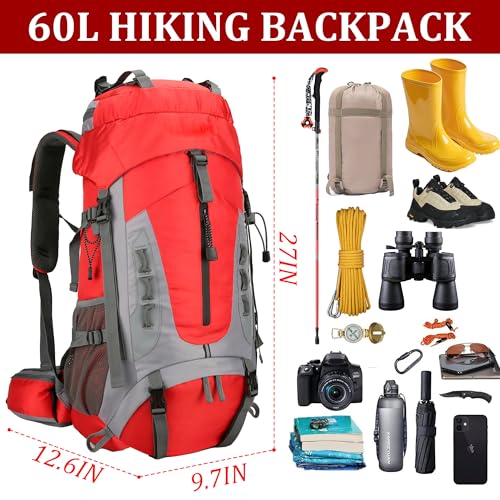 75L Hiking Backpack with Rain Cover Waterproof Camping Backpack Shoes Warehouse for Men Women, Frameless - color: Red, size: 60L
