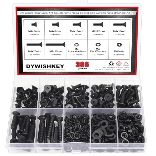 DYWISHKEY 386 Pieces M4 Black Screws, 10.9 Grade Alloy Steel M4x 6/8 /10/12 /16/20 /25mm Countersunk Head Socket Cap Screws Bolts Nuts Washers Assortment Kit - size: M4, style: Countersunk Head Socket Cap