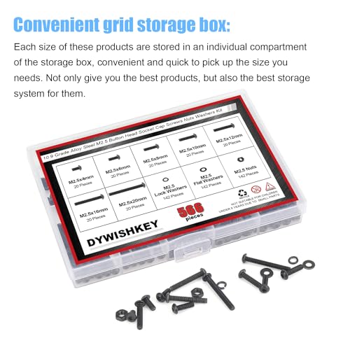 DYWISHKEY 566 Pieces M2.5 Black Screws, 10.9 Grade Alloy Steel M2.5X 4/6 /8/10 /12/16 /20mm Button Head Socket Cap Screws Bolts Nuts Washers Assortment Kit - size: M2.5, style: Button Head Socket Cap