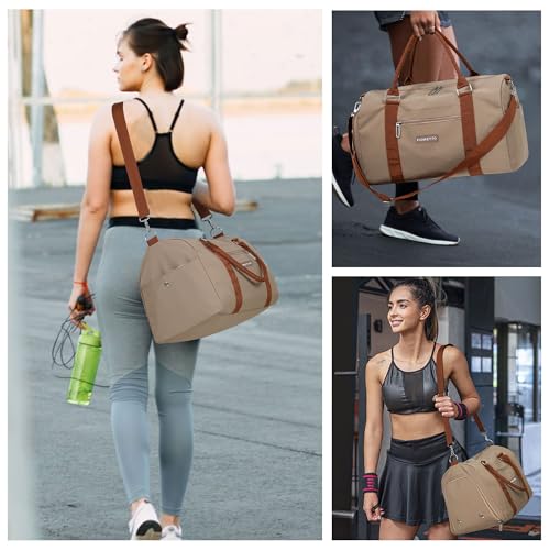 FIORETTO Womens Gym Tote Duffle Weekender Bag with Wet Pocket & Shoe Compartment, Ideal for Travel, Swimming, Dance, Khaki - color: Khaki, style: Gym Bag