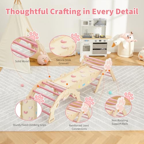 Takywep Pikler Triangle Set, 7-in-1 Foldable Pikler Triangle Climbing Toys Set with Arch & Ramp & Ladder, Indoor Playground Gym, Wooden Montessor Climbing Set for Kids Toddler - color: Pink-cat