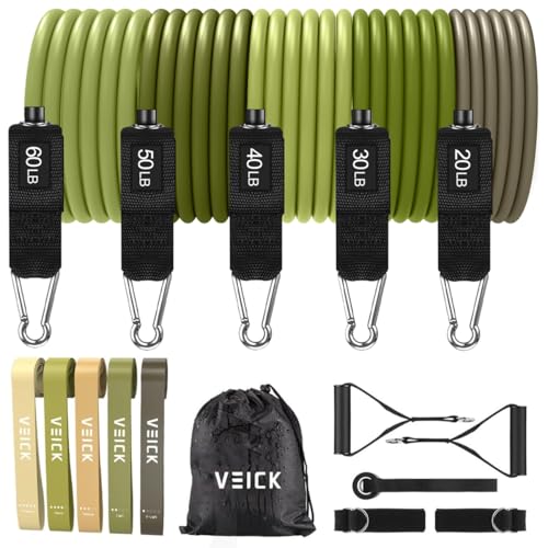 VEICK 10-150LBS Resistance Bands with Handles, Ankle Straps, Door Anchor | Accredited Lab Certified, 100% Natural Latex, Versatile for Yoga, Pilates, Strength, Home Gym - color: Army Green, style: 20-200LBS + 5 Loop Bands