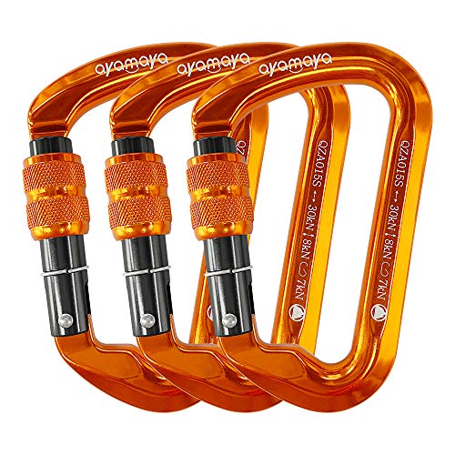 Ayamaya Climbing Carabiners - 3 Pack Screwgate Locking Carabiner 30KN (6744 lbs) Heavy Duty Gears for Rock Climbing, Rappelling, Swing Rescue & Gym, Large D-Shaped Carabiners - color: Orange
